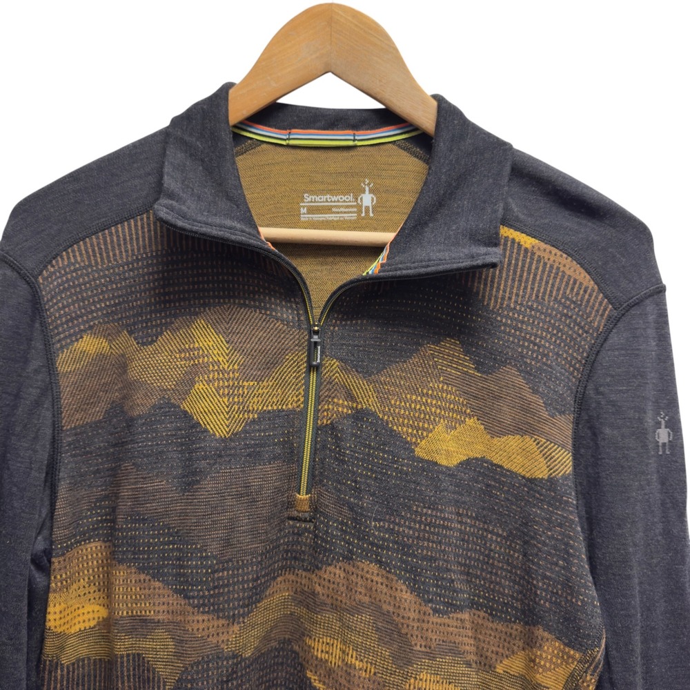 Smartwool Mens Medium Yellow/Brown Merino Wool Mountain Scape 1/4 Zip Base Layer